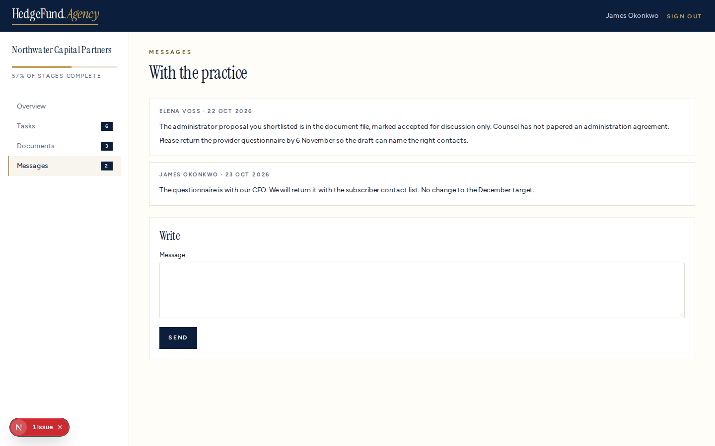 Messages between the practice and the client on the formation file