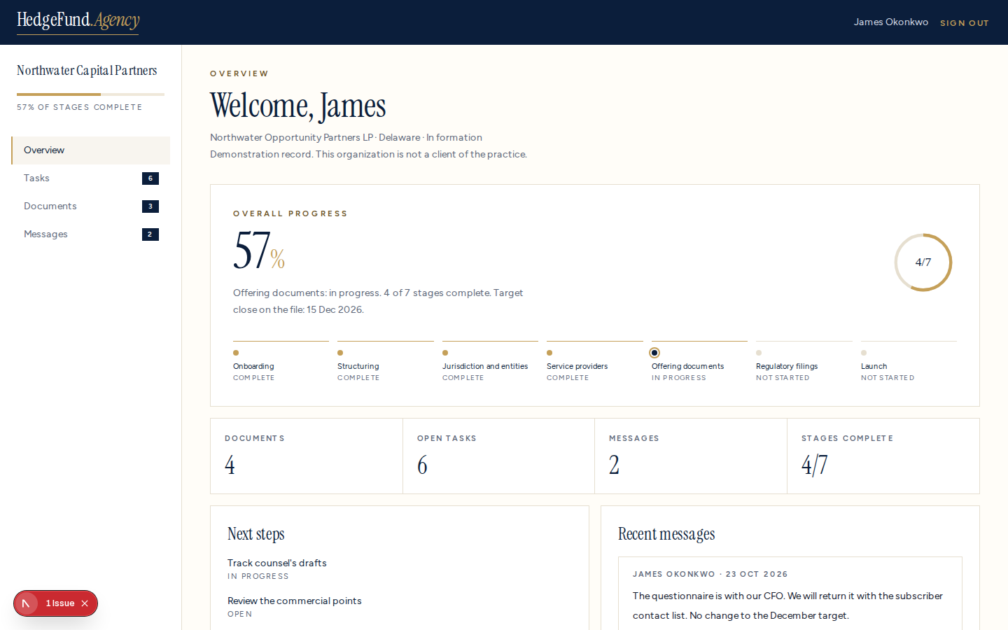 Client portal overview showing four of seven formation stages complete
